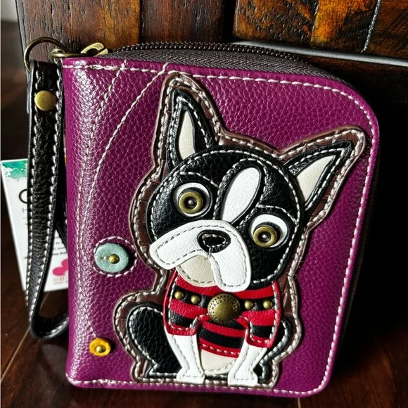 NEW Chala Boston Terrier Dog Zippered Bifold Wallet Faux Leather Purple - Picture 6 of 10